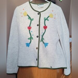 Isabella G. Wool Button Up Cardigan With Wool Hearts, Tulips, and Stems Sz L